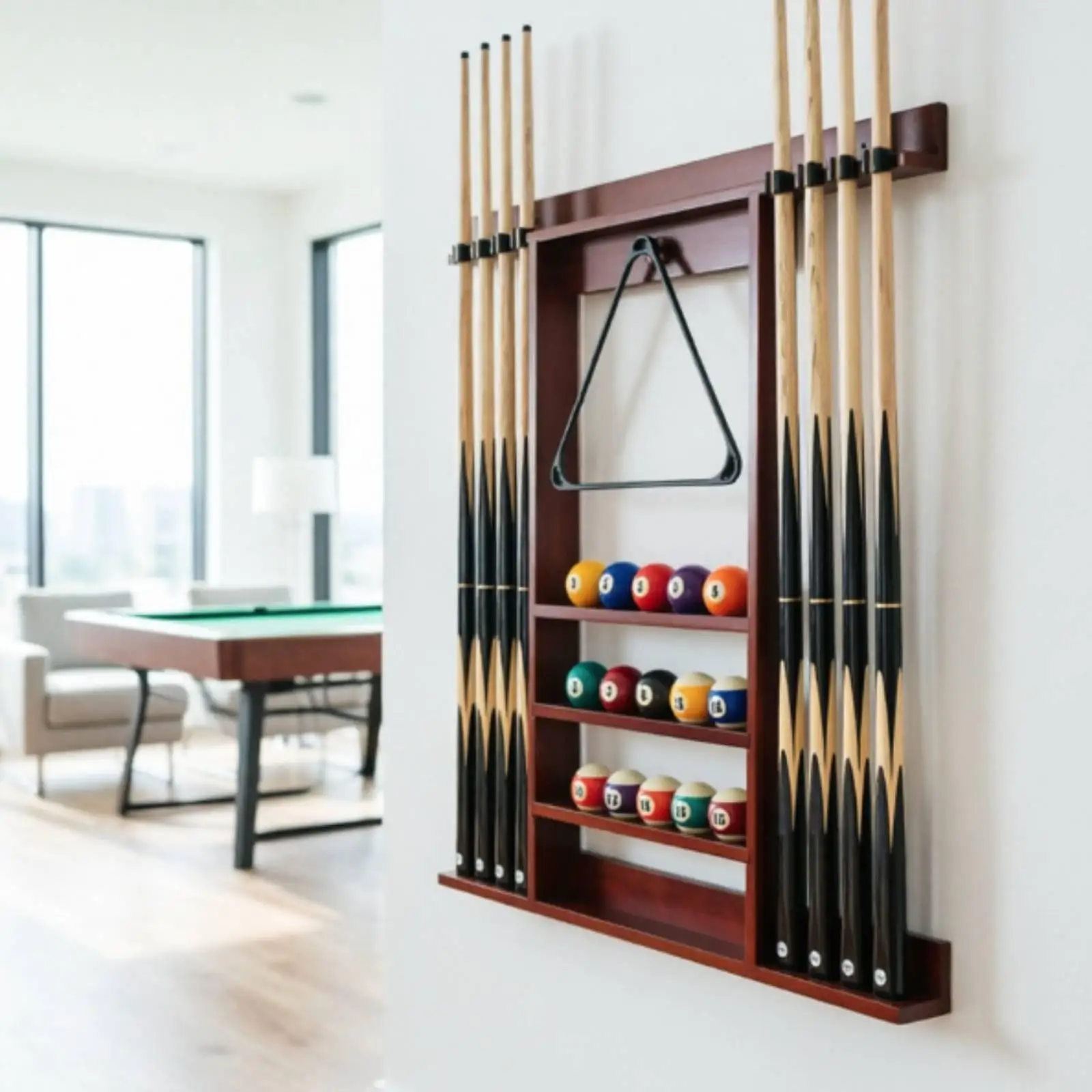 Billiard Cue Rack with Accessory Storage Solid Wooden Wall Mounted Pool Sticks Holder Space-Saving for Game Room, Home Bar