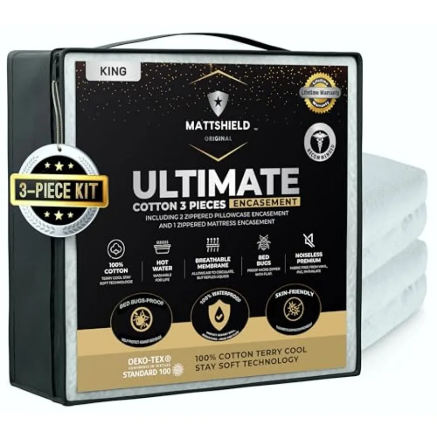 

Комплект MATTSHIELD Ultimate из 3 предметов: наматрасник с защитой от клопов, 100% хлопковый верх + 2 наволочки на молнии - защита со всех 6 сторон