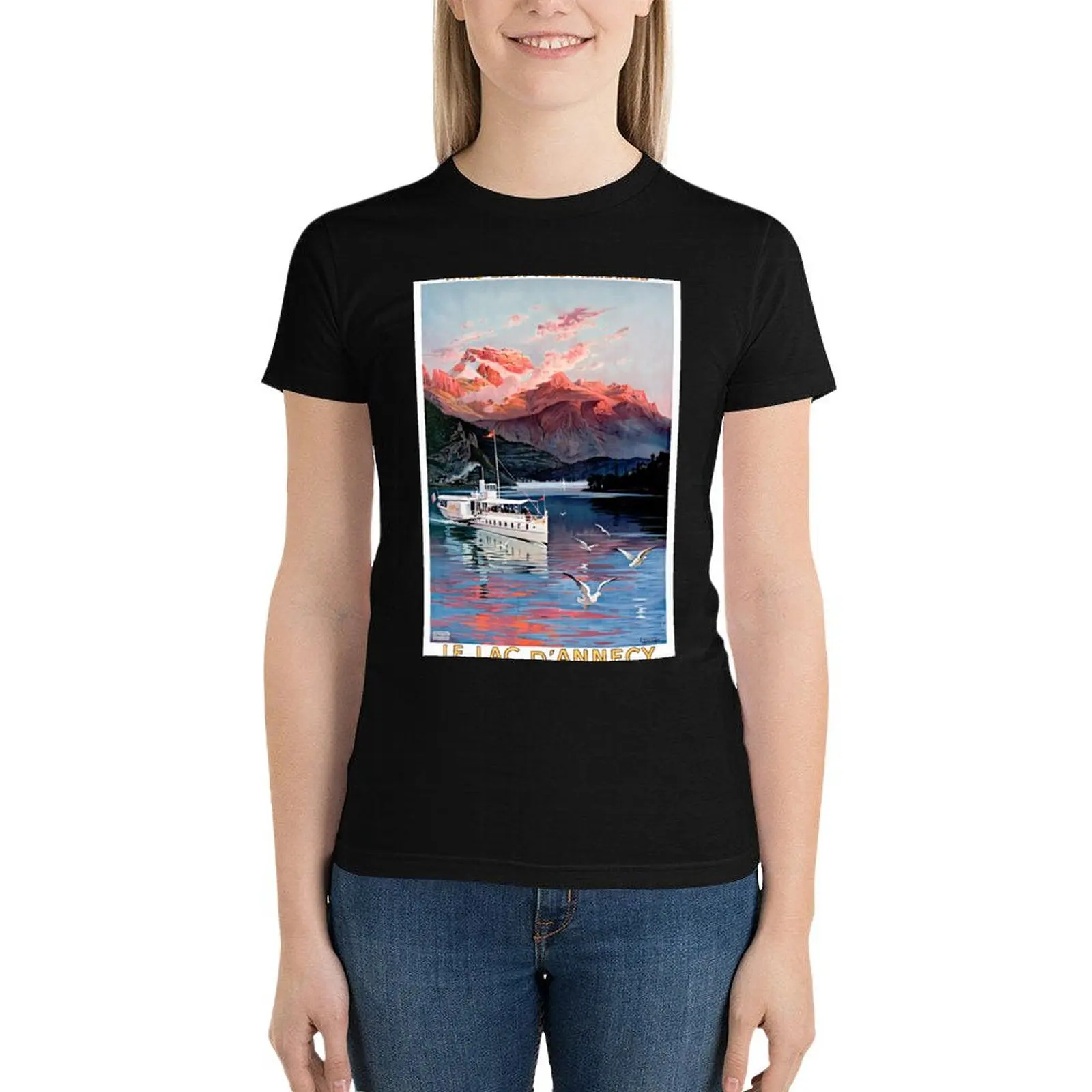 Lac d'Annecy France Vintage Travel Poster Restored T-Shirt kawaii clothes hippie clothes Women's tee shirt