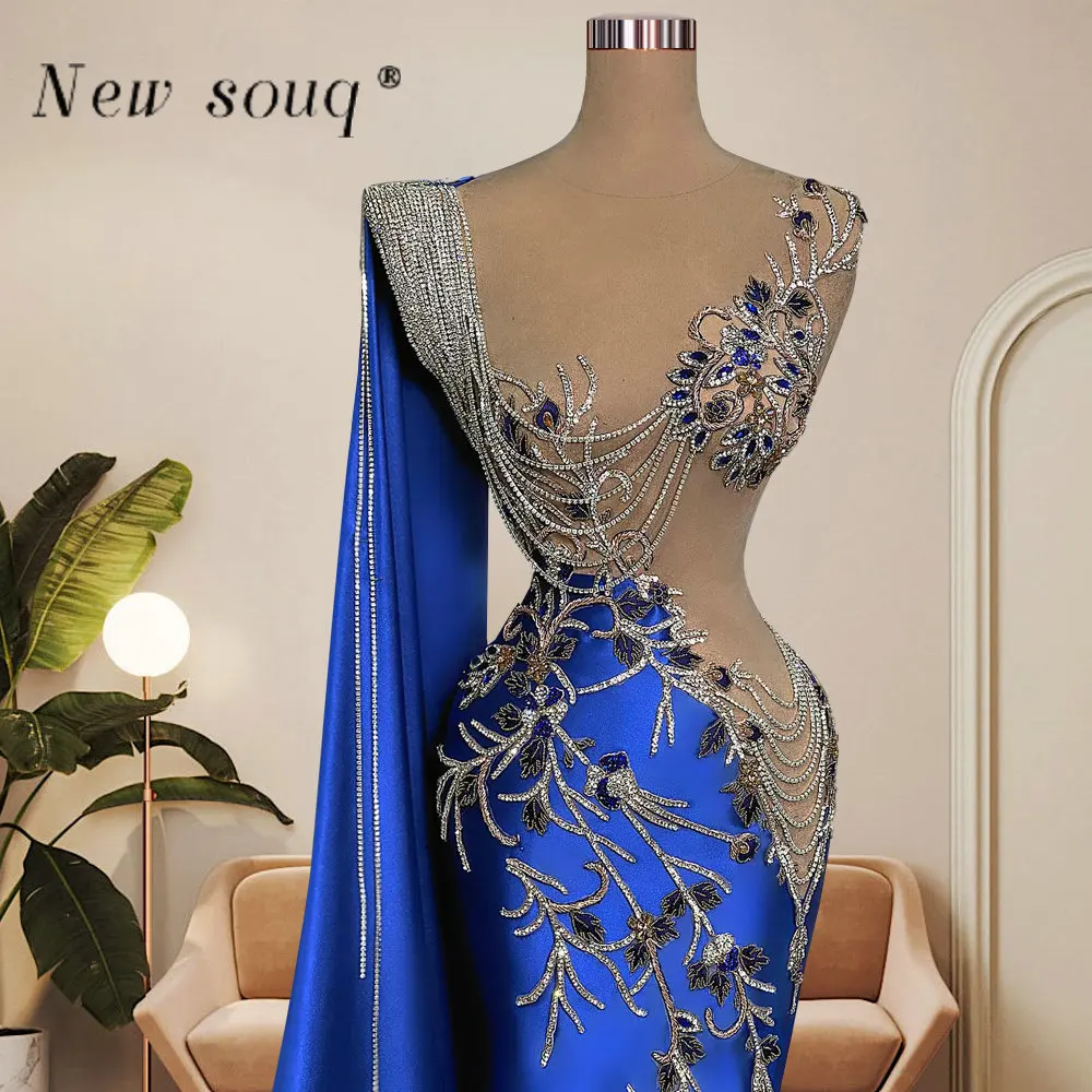 Sexy Royal Blue Evening Dresses with Cape Sleeves Fashion Sliver Crystals Rhinestone Chains Fringe Mermaid Ceremony Outfits