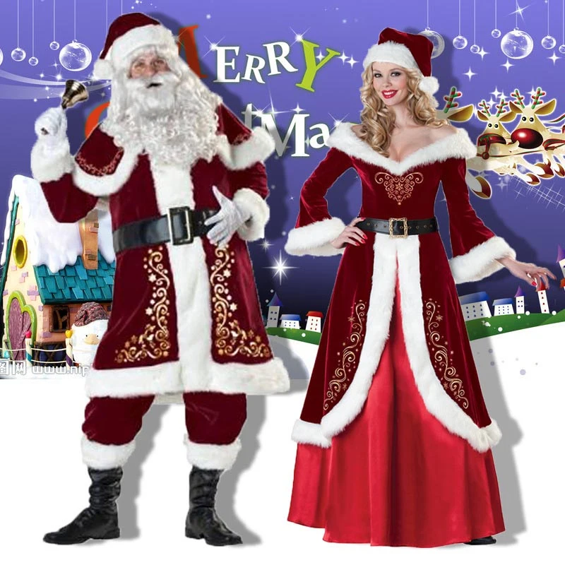 

E2 3/11Pcs Set Santa Claus Mrs. Claus Cosplay Costume Suit Men Women Christmas Decoration Props Party Xmas Gifts Navidad 2024