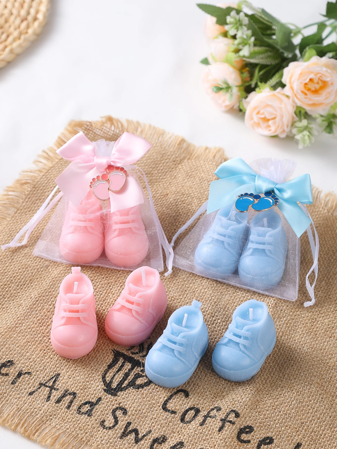 A set Mini Baby Shoe Sneaker Shaped Wax Candles Pink Blue Organza Bag with Bow - Cute Gender Reveal Baby Shower Party Favors