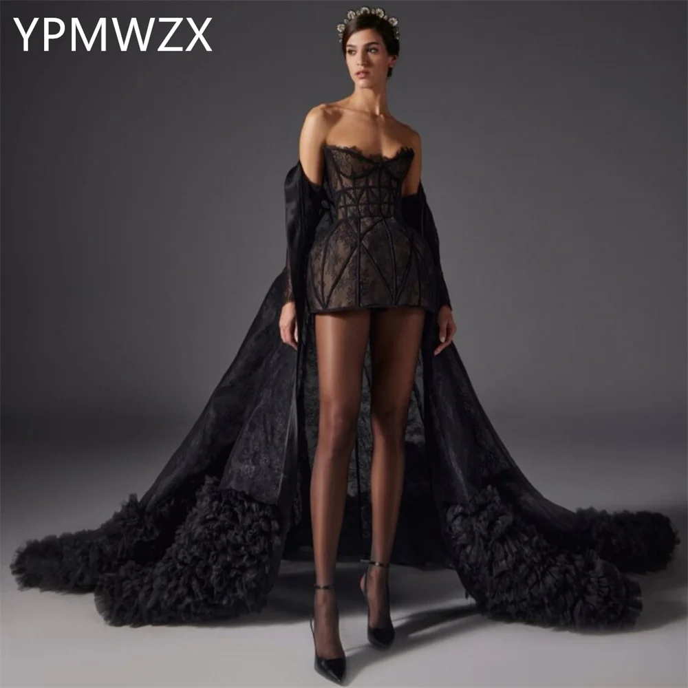 

Customized Evening Dress Women Prom Gown Formal YPMWZX Strapless Column Hi-Lo Length Skirts Lace Bespoke Occasion Dresses Party