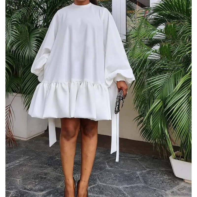 

Loose Solid Color Bubble Sleeves European and American Large Size Dress