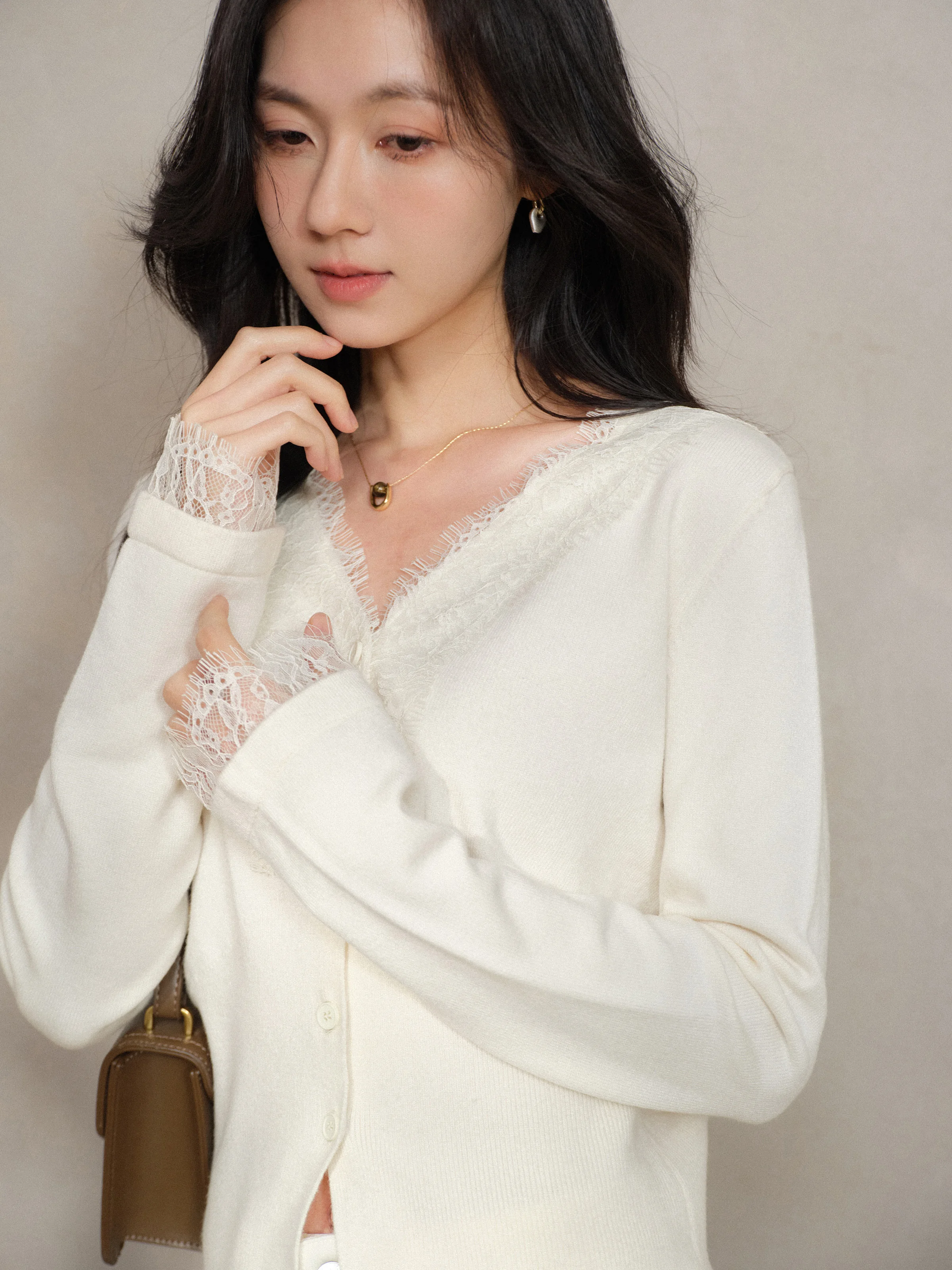 Elegant Lace Trim Knit Cardigan Sweater for Women Soft V-Neck Button Top Sweet Long Sleeve Layering Outfit for Winter Daily Wear