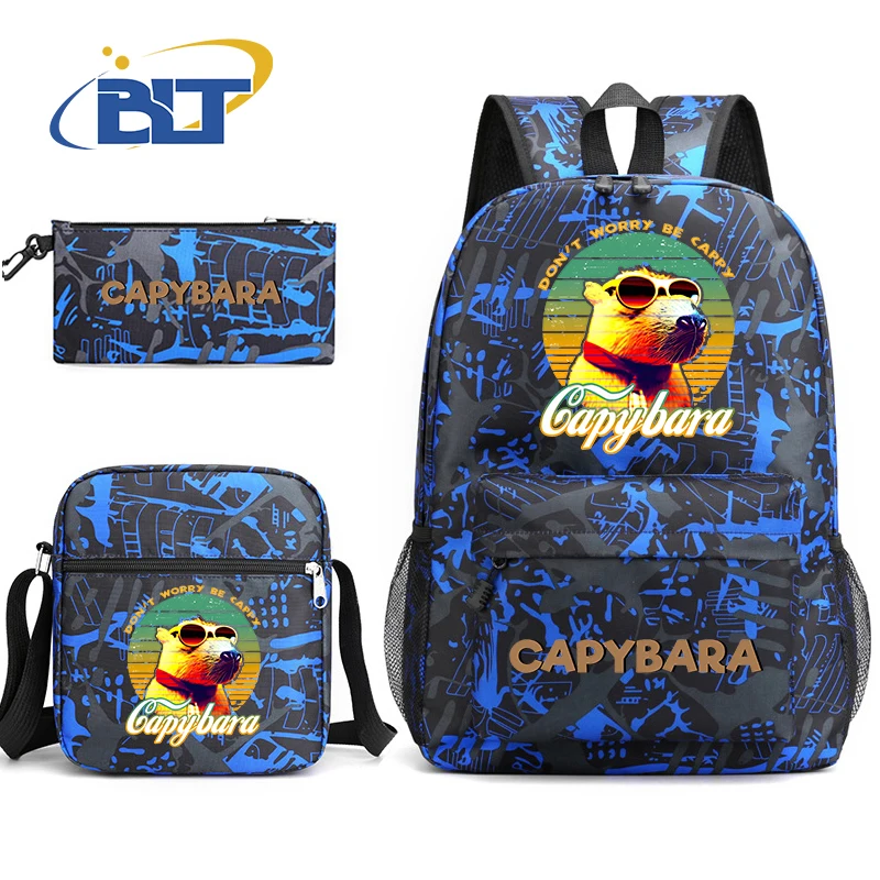 Capybara Cartoon Animal Print Mochila Set, Bolsa Escolar Estudante, Bolsa de Ombro, Lápis Case, Kids, Presente de Volta à Escola, Bonito, 3 Pcs