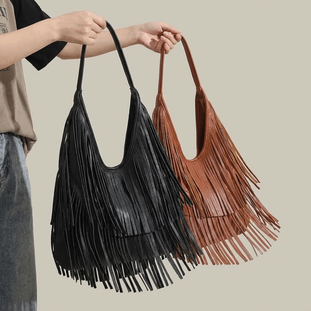 

Fashion Soft PU Leather Long Tassels Handbag Large Capacity Black Color Shoulder Tote Bag Chic Elegant Armpit Hobo Bag Work