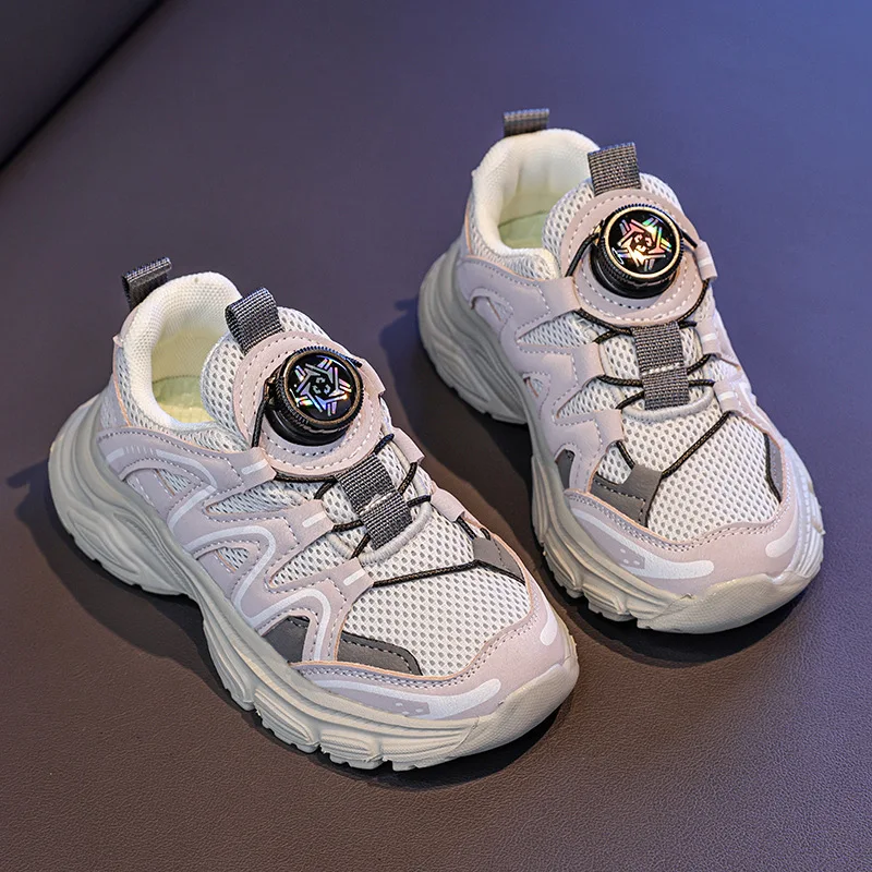 

Children Running Shoes Mesh Breathable Kids Sports Shoes Rotating Button 2025 Autumn New Boys Girls Casual Tennis Shoes Non-slip