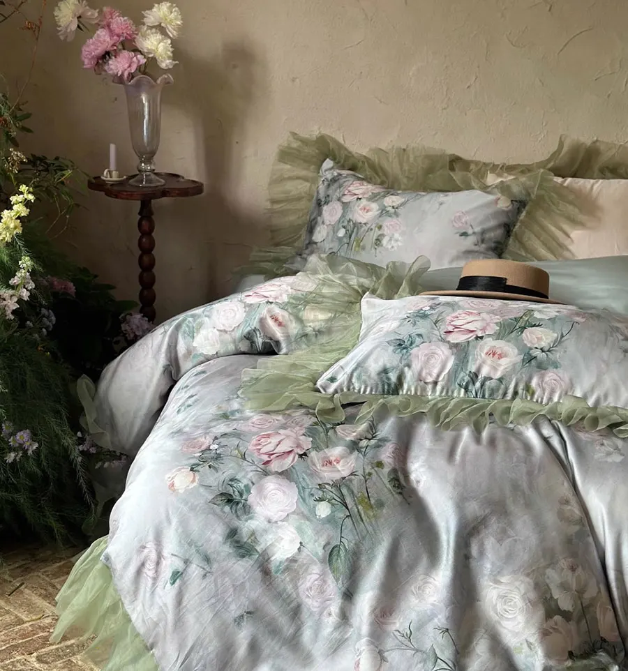 Vintage european flower green pink bedding set,full queen king elegant double home textile bed sheet pillow case quilt cover