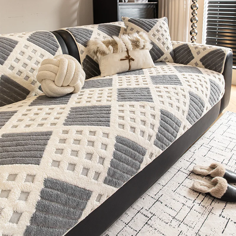 Nordic Checkered Jacquard Sofa Cushion Autumn and Winter Non-Slip Couch Slipcover Comfort Anti-Scratch Corner Couch Covers