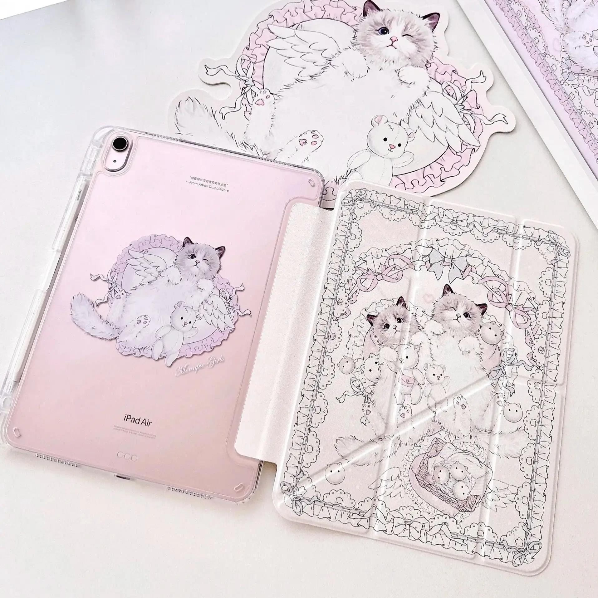 Pink Kawaii Cat For iPad Case iPad Pro 13/11/Air 6/10/Mini & iPad 9th Cute Transparent Acrylic Y-Fold Cover with Pencil Slot - view 2