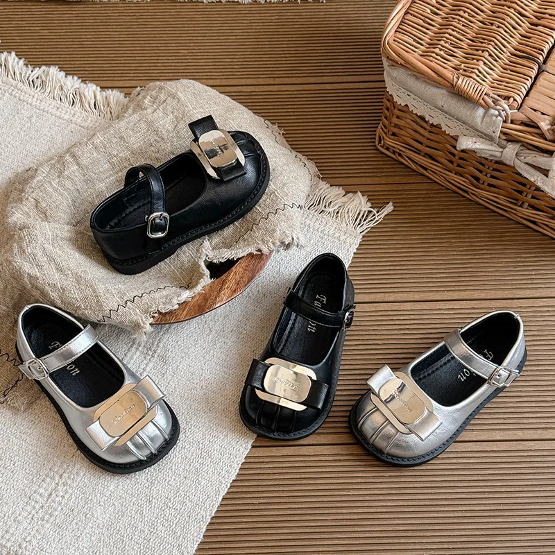 Girls Flat Shoes Round Toes Soft Sole Kids Princess Shoes Non-slip 2026 Brand New Children Leather Shoes Versatile Korean Style