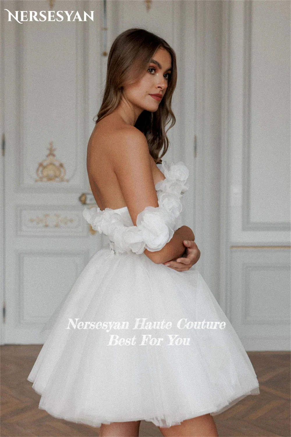 Nersesyan Puur Ruches 3d Bloemen Trouwjurken Off Shoulder A-Lijn Mini Rugloze Kanten Bruidsjurken Corest Vestidos De Novia