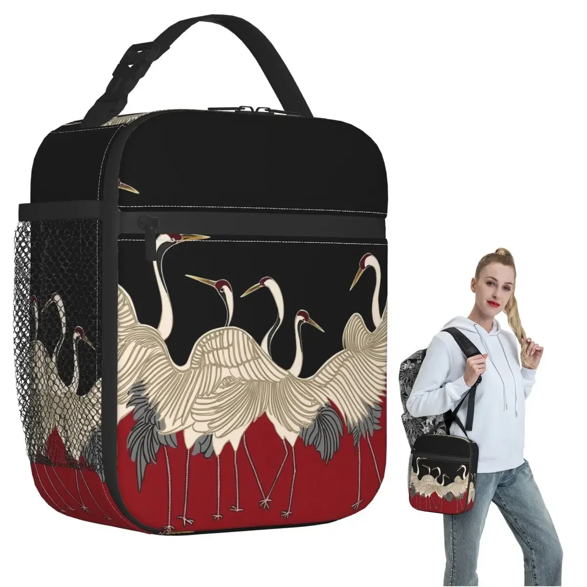 Elegant Chinese Crane And Red Golden Maroon Insulated Lunch Bag for Women Children Portable Food Boxes Thermal Lunch Box Tote