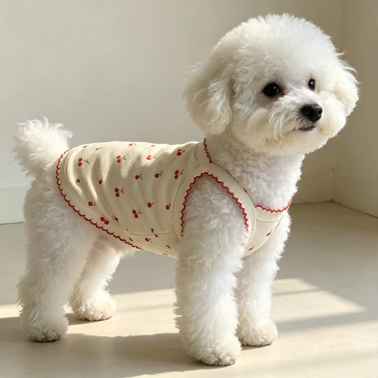 Sommerweste für kleine Hunde, niedliches Kirschmuster, Haustierkleidung, atmungsaktives ärmelloses Welpenshirt aus Baumwolle für Bichon Teddy Cat – Detail 12