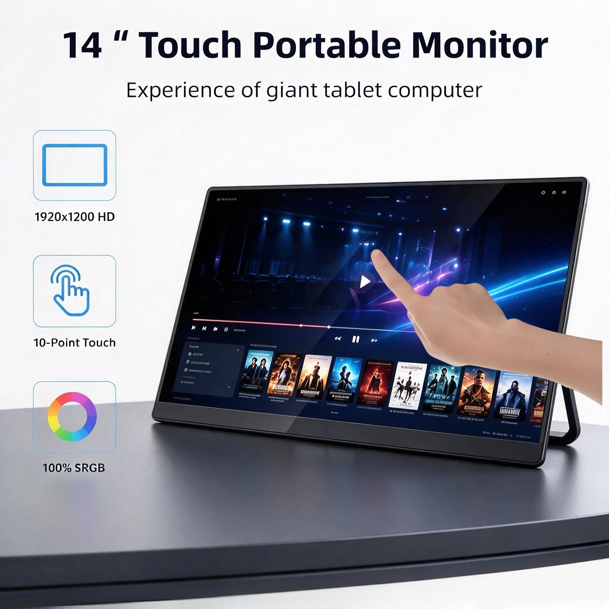 14‑Inch Touchscreen Portable Monitor, 1920×1200, USB‑C, 10‑Point Touch, 16:10 Aspect Ratio, 100% sRGB, Low Blue Light, Foldable
