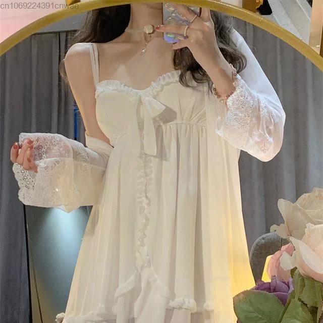 Women Nightgown With Bra New In Sleepwear Pijama Set Mini Dress Sexy Lace Two Piece Set Home Suit White Loungewear Pyjamas Yk2