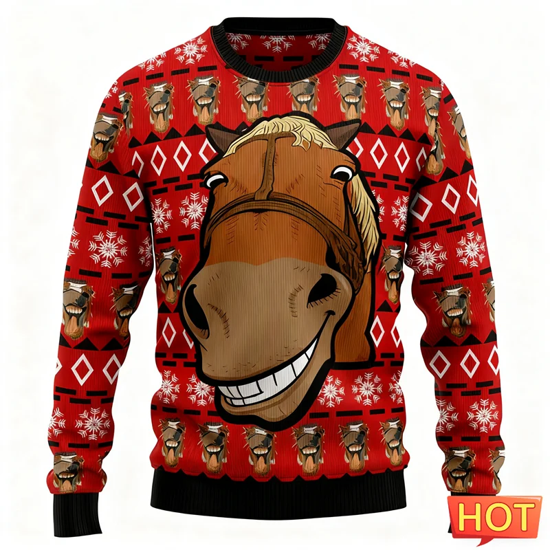 2026 Nieuwe Grappige Paard Gezicht Grafische Lelijke Kerst Hoodies Mode Ronde Hals 3D Gedrukt Kerst Sweatshirts Casual Oversized Trui