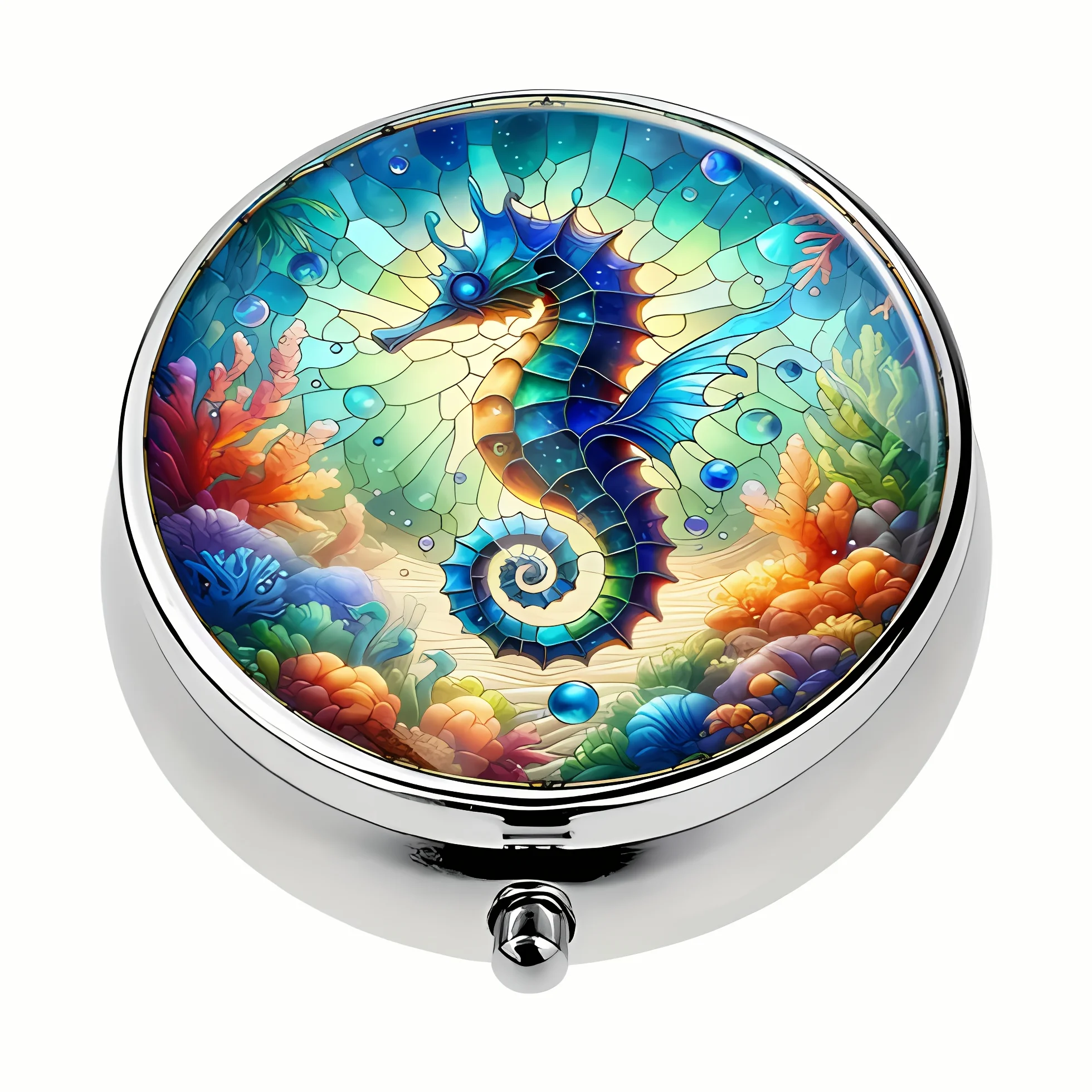 1 round metal pill box, with a creative ocean seahorse pattern print, 3 compartments, portable pill organizer, size - perfect gift for women and men, travelers