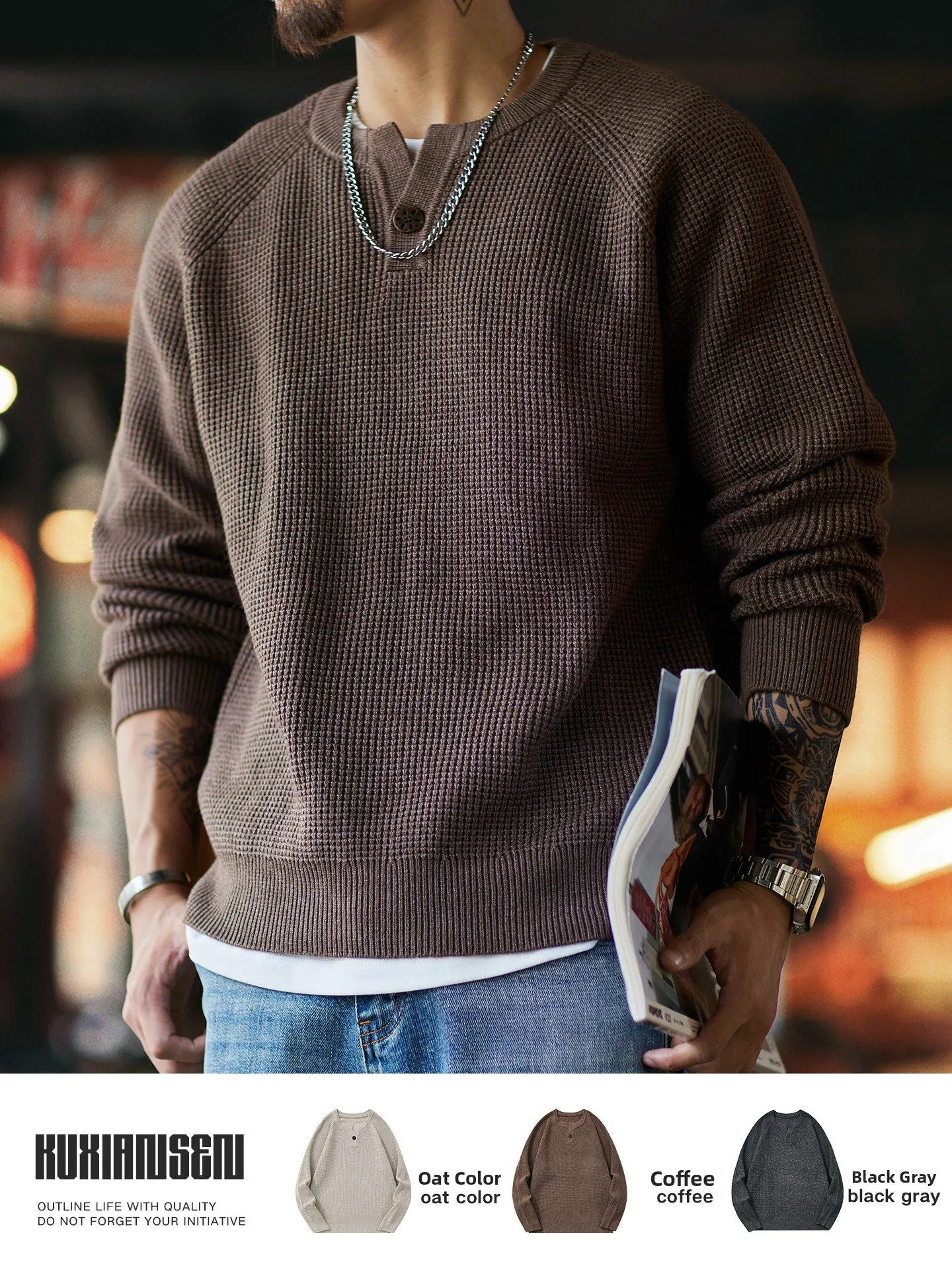 Retro American Style Men's Knitted Sweater Henry Collar Loose Casual Warm Winter Outerwear Polyester Acrylic Nylon Blend