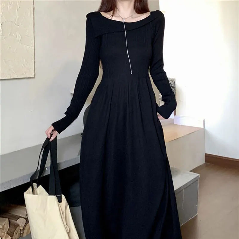 Slash Neck Elegant Long Dress Female Clothing Knitted Solid Color 2024 Autumn Basic Aura Long Sleeve Casual A-Line Waist Dresses