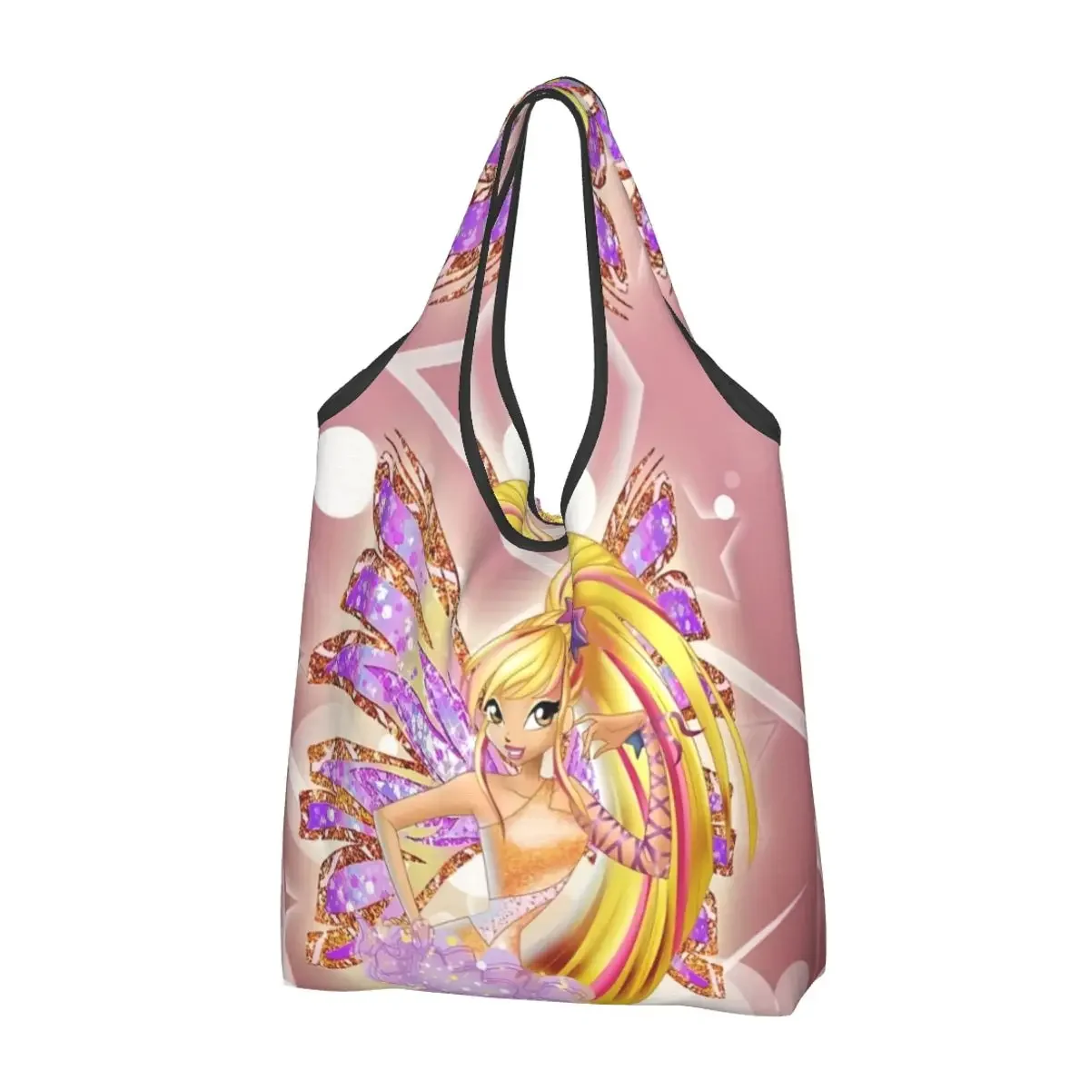 Custom Anime Winx Club Grocery Shopping Bag Kawaii Shopper Shoulder Tote Bag Large Capacity Portable Handbag