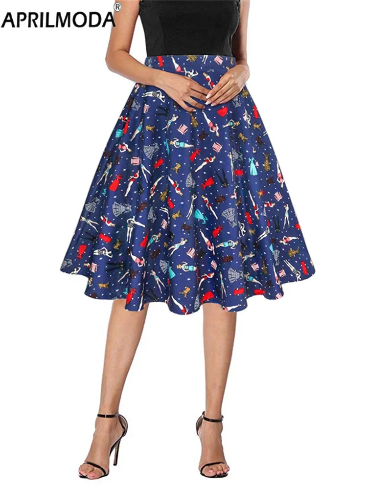 

2024 Retro Blue Print Casual Elegant A-line Party Women Skirts Summer High Waist Flare Tea Runway Casual Skirt Female Loose Jupe