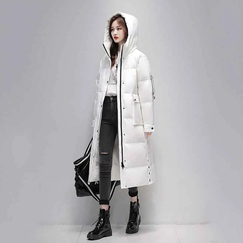 Fashion Down Women's Knee-length Loose Warm Grey Down 2022 Winter New Hooded Joker Pocket Casual Coat Wome