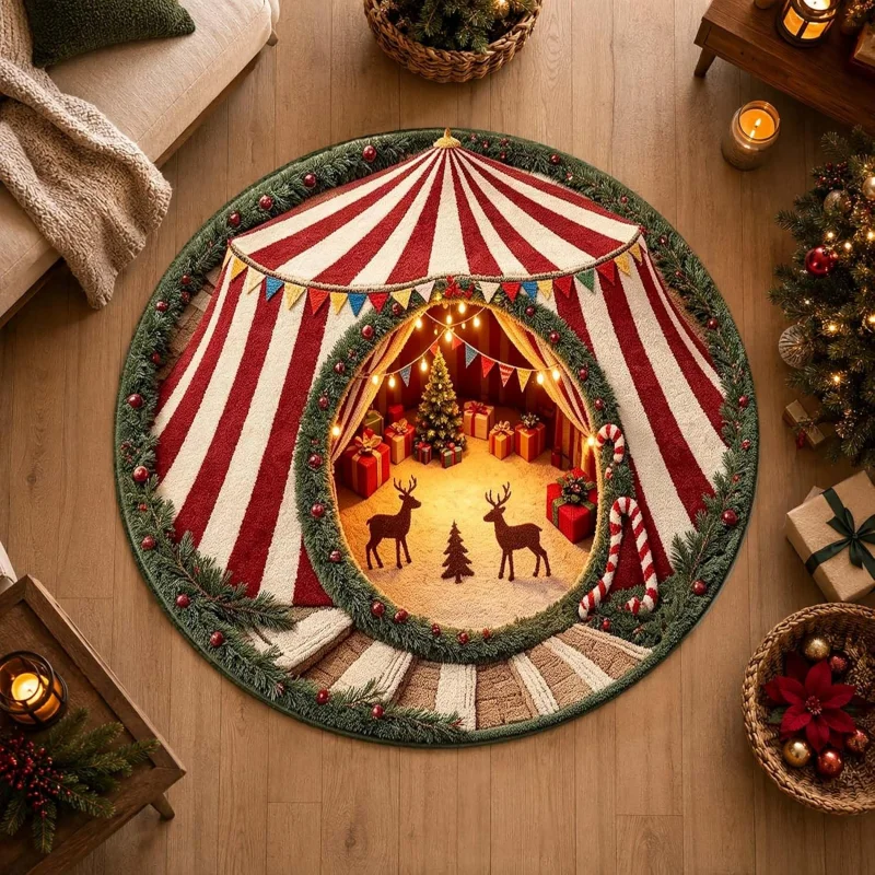 2D Vortex Optical Illusion Round Rug Christmas Spiral Staircase Print Floor Mat Xmas Holiday Home Decor Carpet for Living Room
