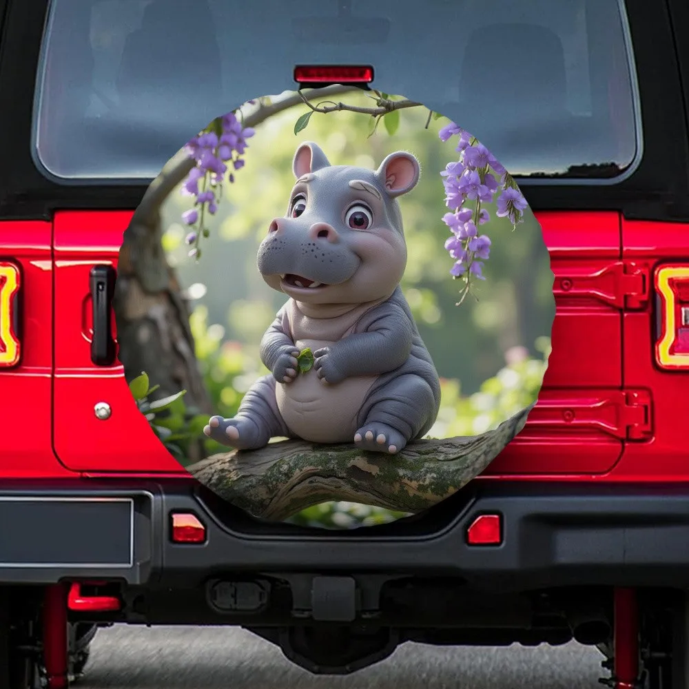 Cute Hippo on Branch Spare Tire Cover Durable Polyester Waterproof Vehicle Protector