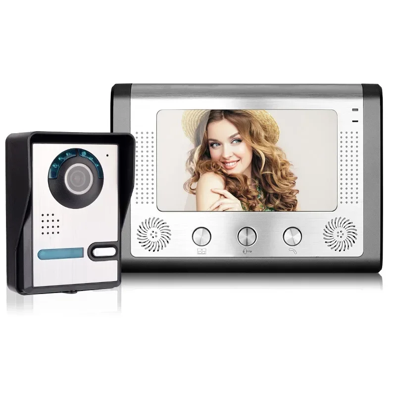 Unidade externa de ângulo ajustável Campainha eletrônica de vídeo com fio de 7 polegadas com visão noturna infravermelha, campainha de intercomunicação de vídeo doméstico
