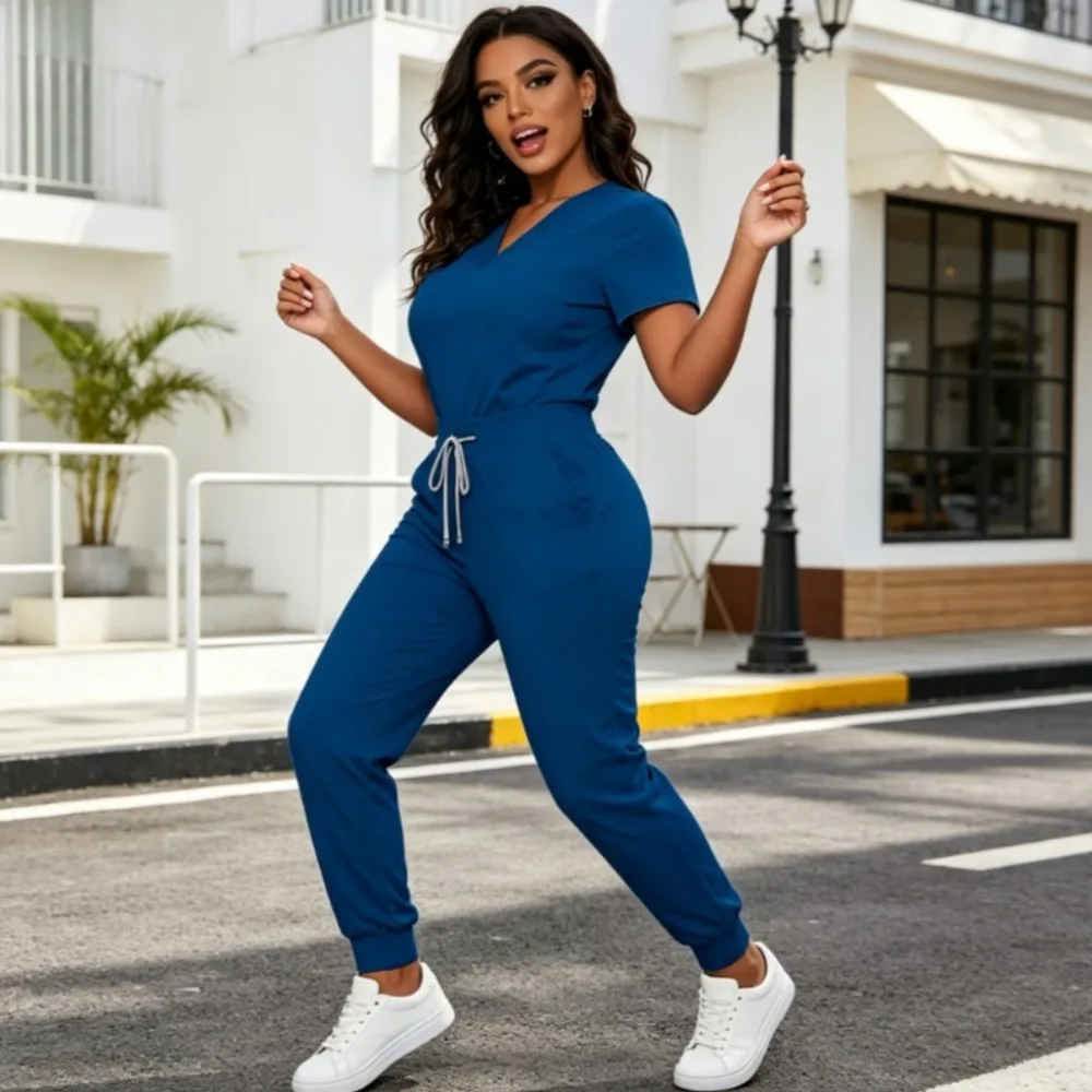 Women's V Neck Short Sleeve Scrub Jumpsuit Drawstring Waist Uniform Jogger Scrubs with Pockets for Nurse Doctor