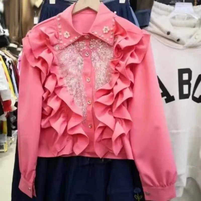 Moda pesada miçangas lantejoulas camisa branca para mulher 2025 nova lapela pescoço blusa preta y2k manga longa babados topos mujer