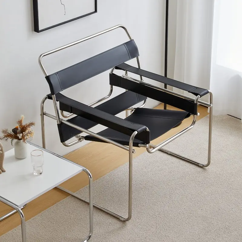 Designers chaise longue, mid-century modern, enkele loungestoel, stoel met roestvrijstalen frame, eetkamerstoelen, Bauhaus-stijl accentstoel