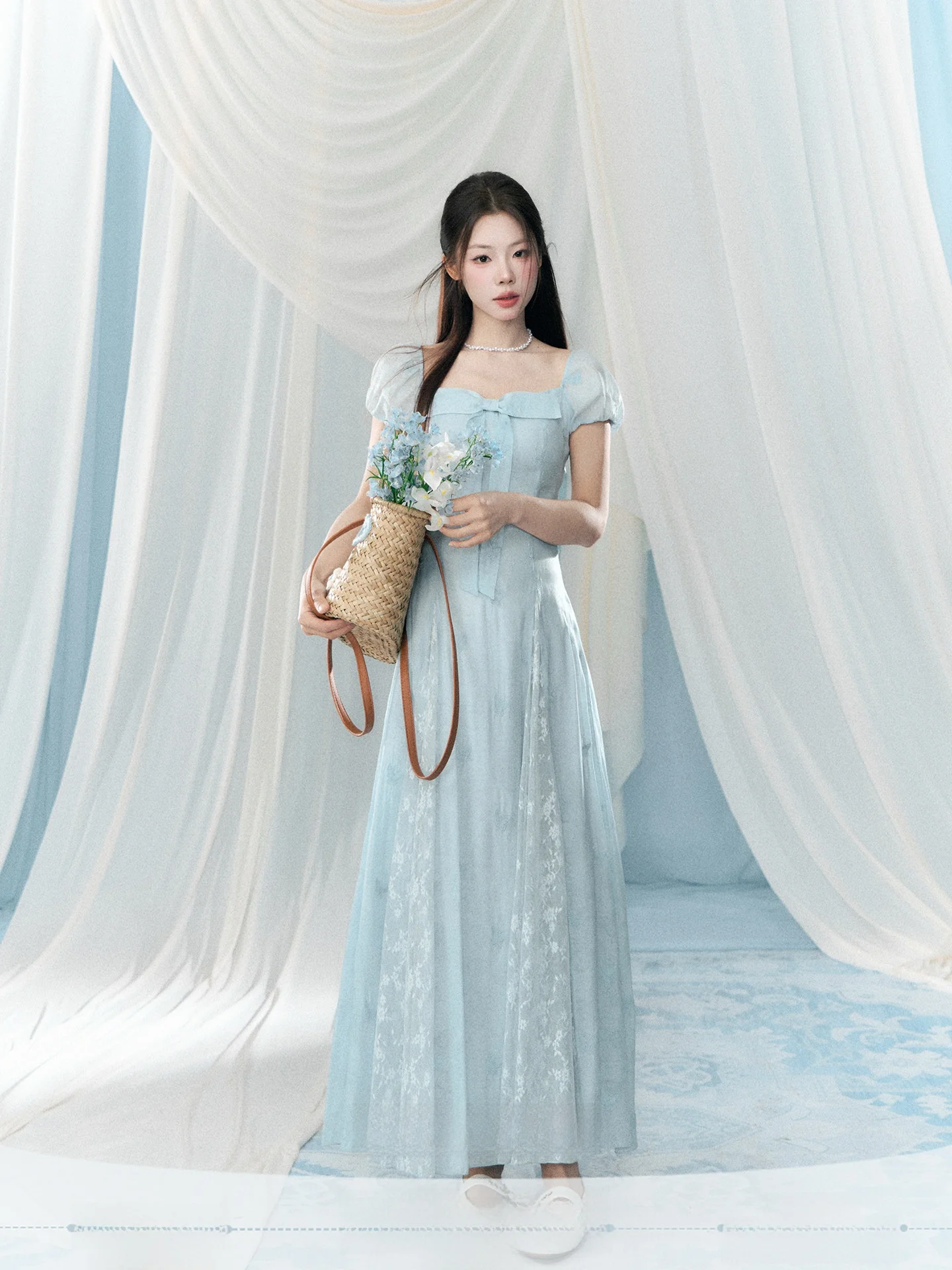 

Blue Short Sleeve Square Collar Dress Women's Gentle Style Long Skirt Korean Version Commute High Waist A-Line Dress