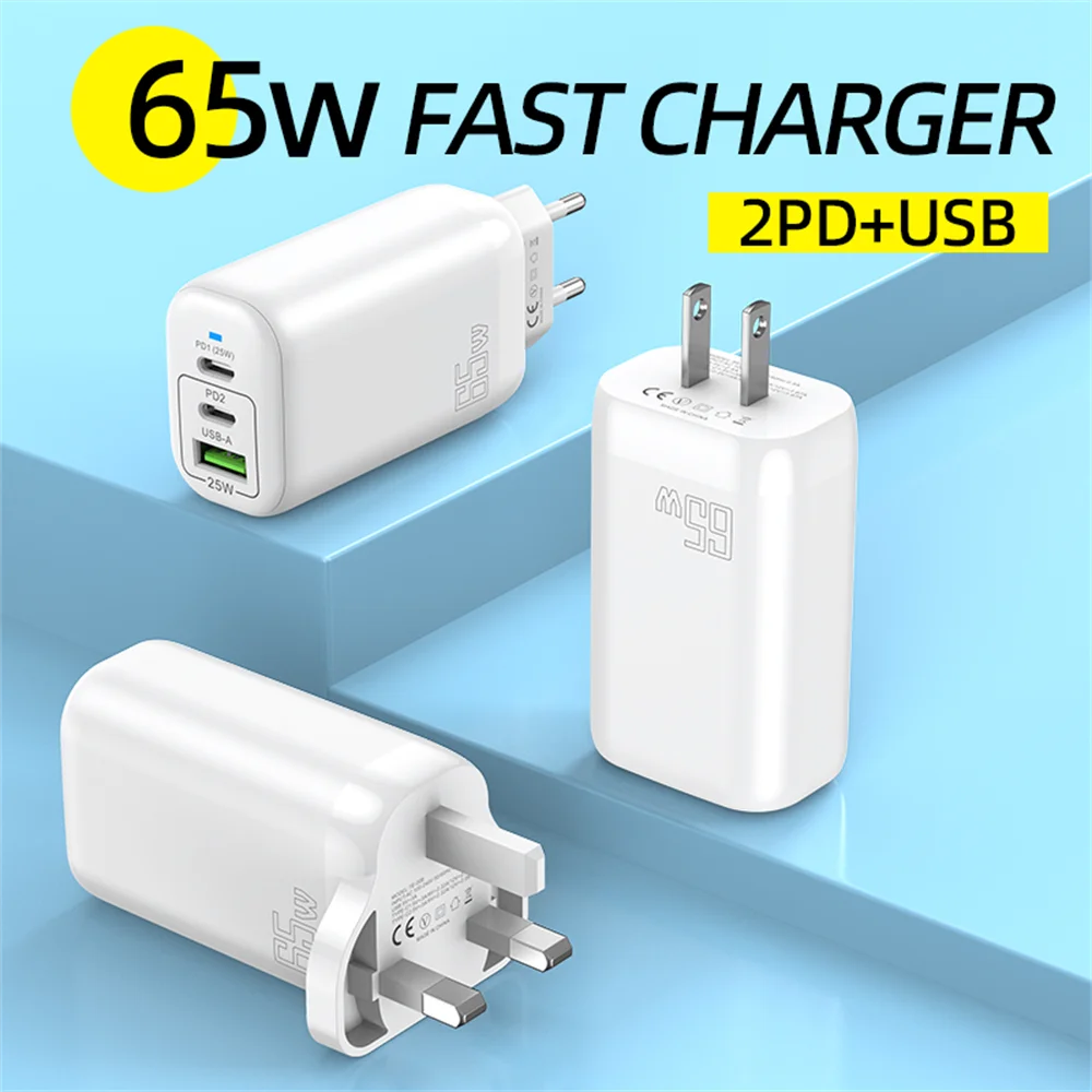 USB Charger 3 Ports 65W PD Type C Fast Charging Phone Charger Adapter For iPhone Samsung Xiaomi Huawei EU/US Plug Wall Charger