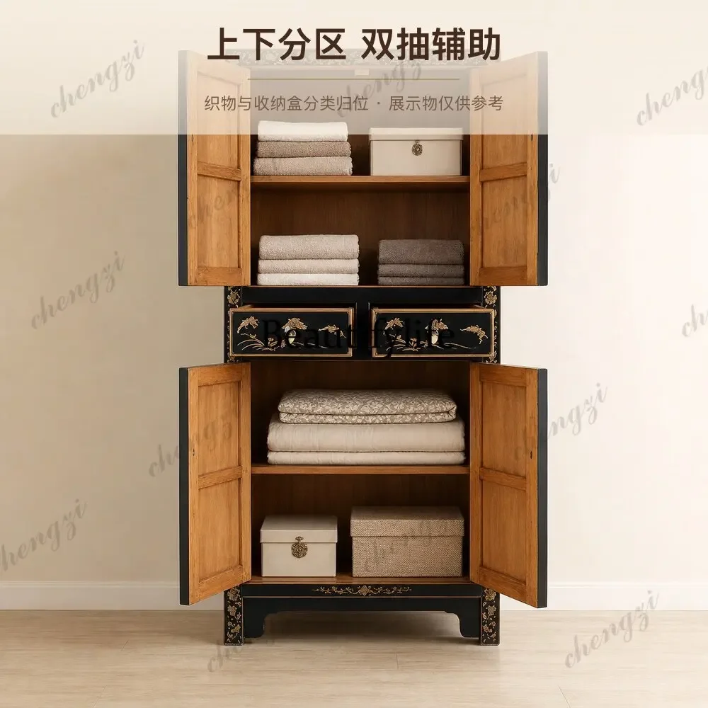 H134 Chinese classical tenon and mortise solid wood gold-painted bookcase, horizontal opposite door clothing, storage wardrobe