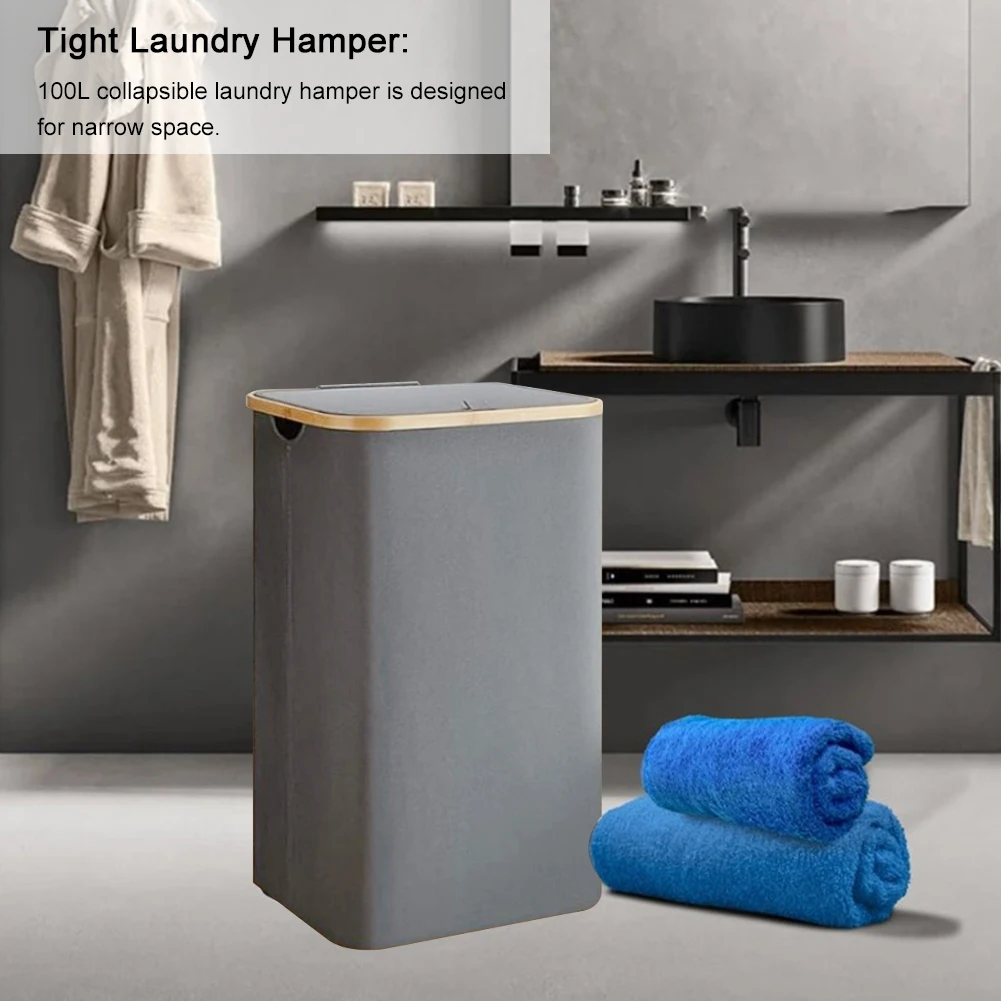 سلة غسيل للملابس القذرة ، حقيبة قابلة للطي ، حقيبة داخلية قابلة للفصل مع غطاء ، مقابض من الخيزران ، حاوية الحمام ، 100L #2