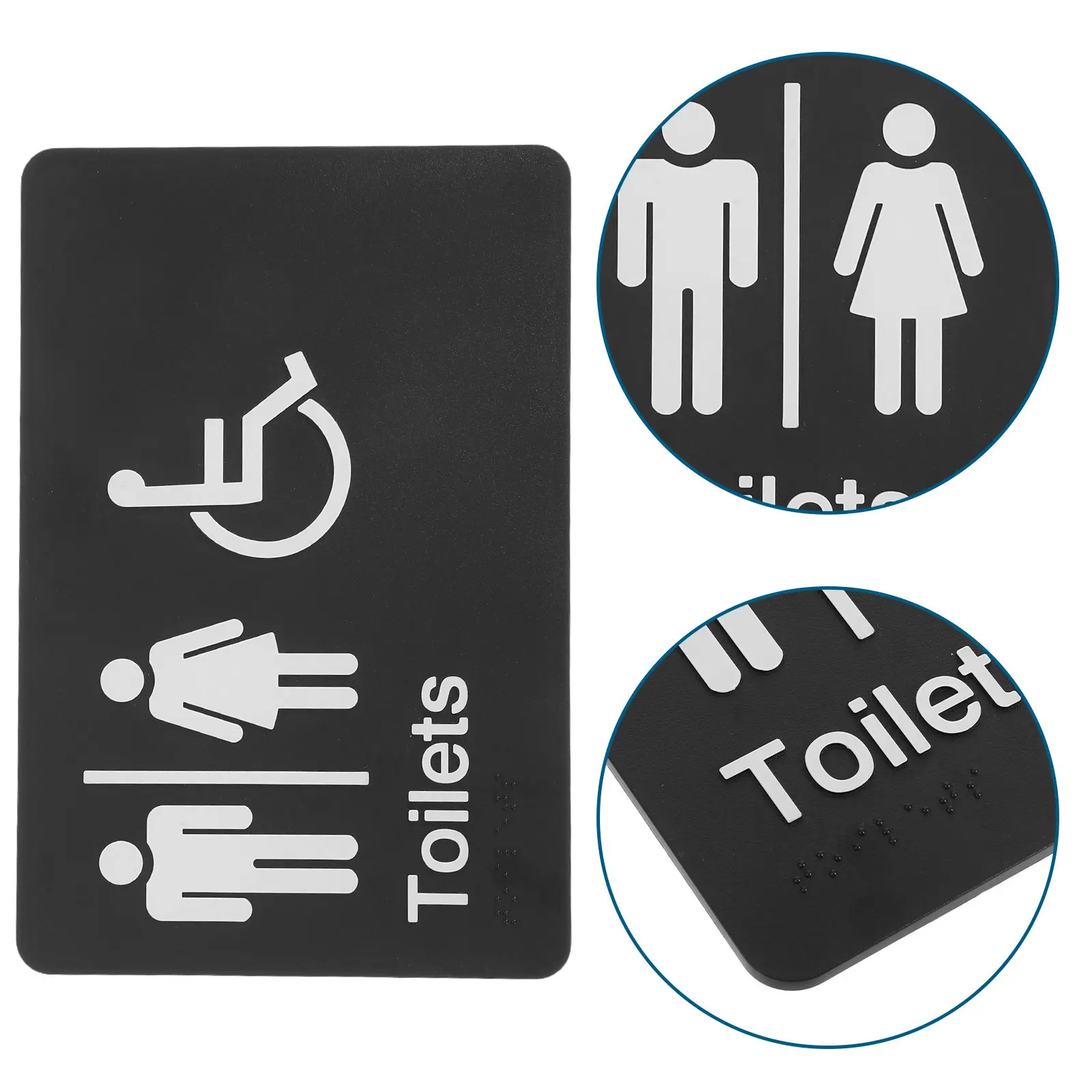 自己粘着式の点字トイレ表示板。男女兼用。abs樹脂製。浴室のドアや壁に取り付け可能。視認性が高く、触覚で認識できる立体文字。バリアフリー対応。