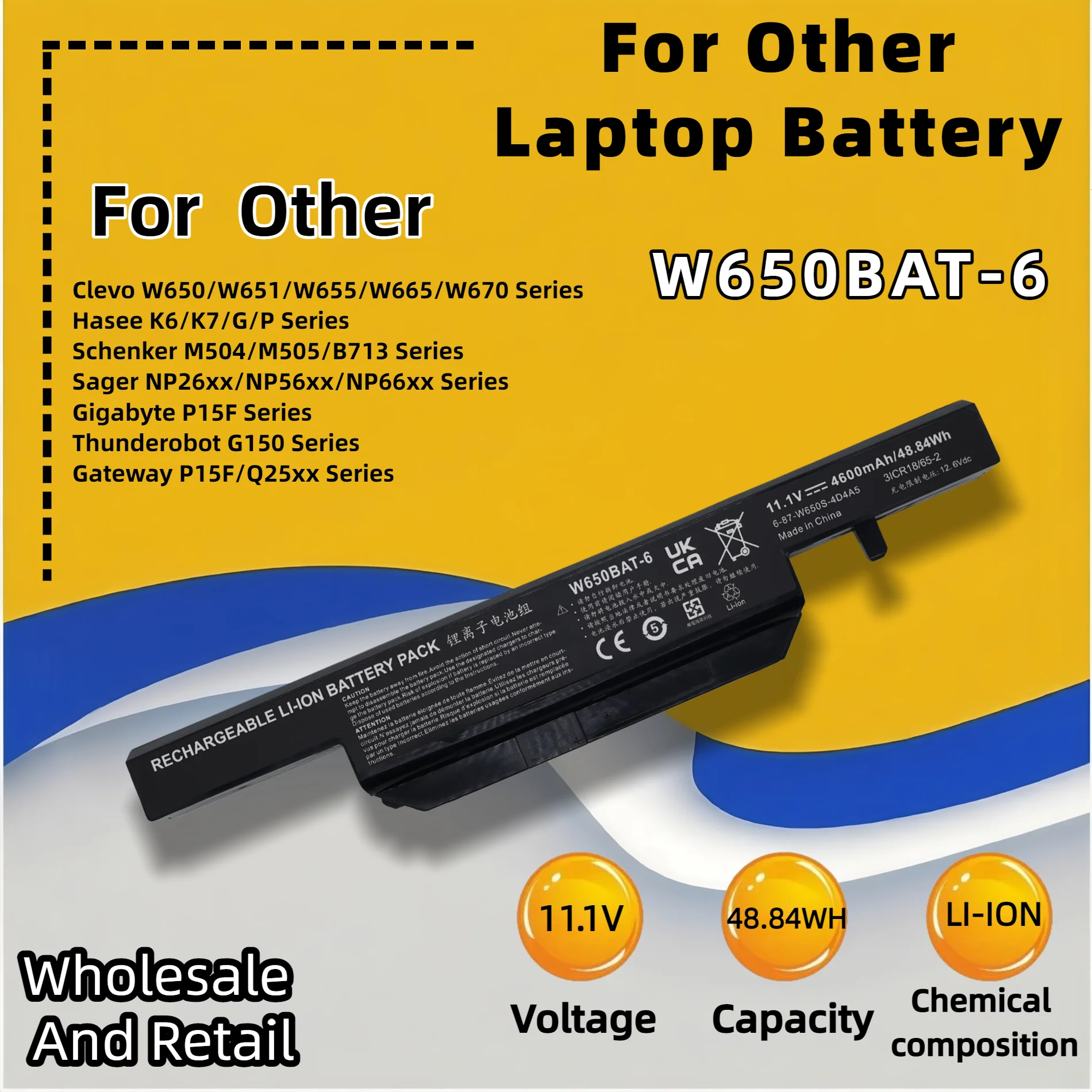 FRLESUI W650BAT‑6 48.84Wh Replacement Laptop Battery For Clevo W650S Hasee K610C K650D K570N K710C K590C K750D Gigabyte P15F