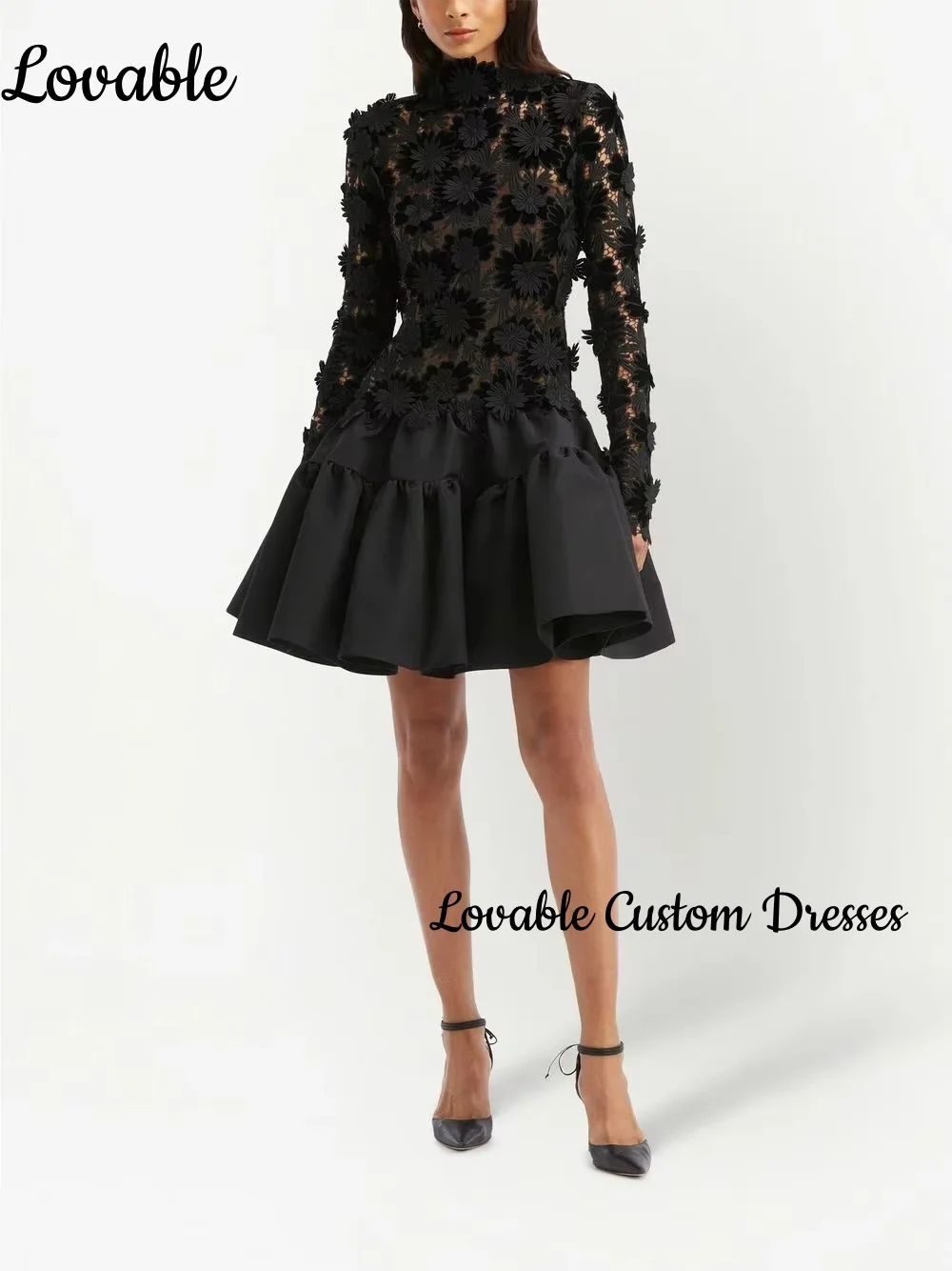 맞춤형 프롬 드레스 하이넥 긴팔 프롬 드레스 A라인 3D 레이스 홈커밍 드레스 블랙 파티 이브닝 드레스 오픈백