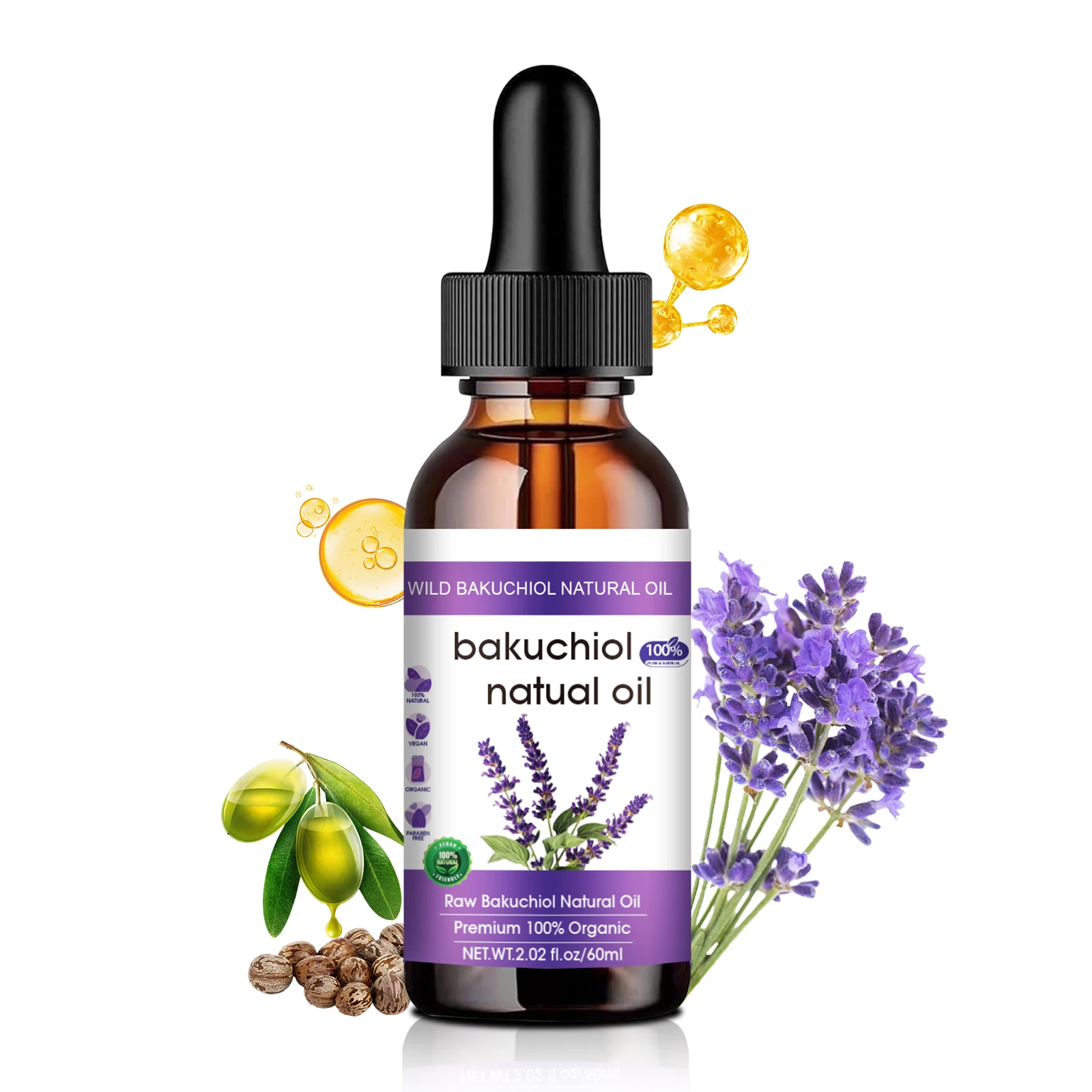 60ml Natrual Bakuchiol & Lavender Facial Oil Natural Anti-Aging Face Oil for Glowing Skin Lavender Essential Oil