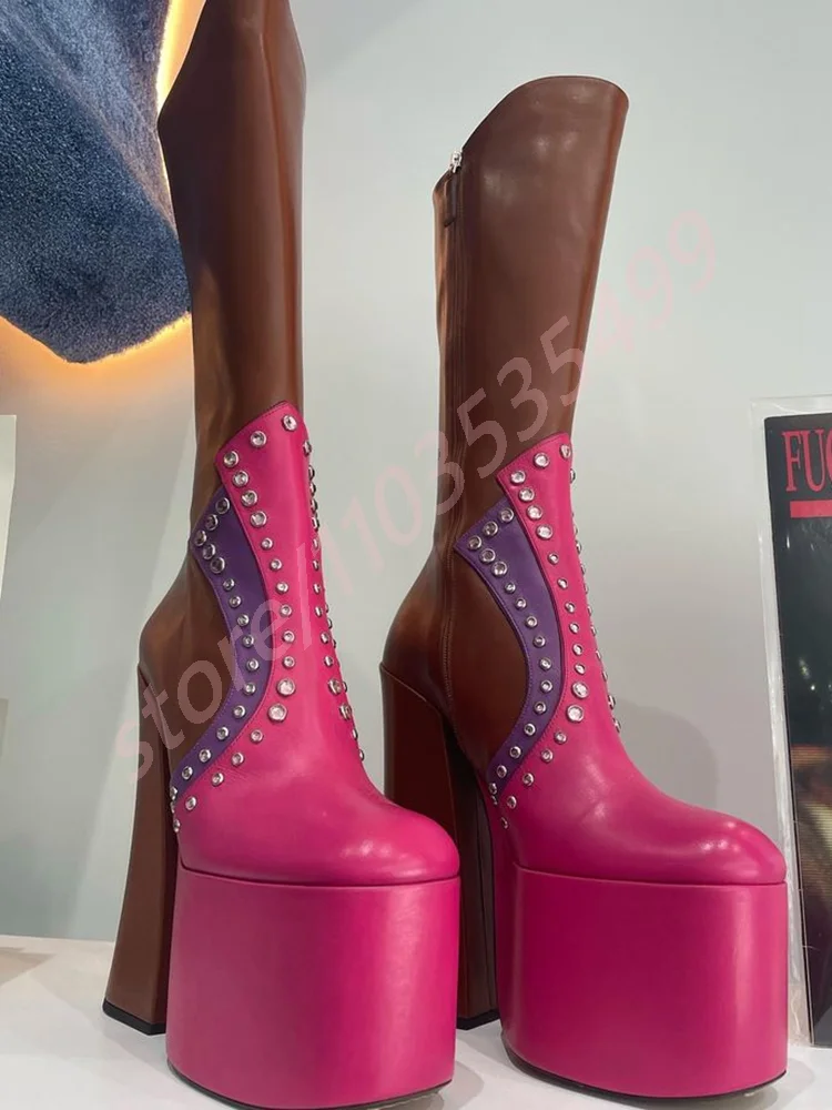 

Женские высокие сапоги на платформе разного цвета со стразами, новинка 2025, уличные пикантные ботинки до середины икры на толстом высоком каблуке, модные вечерние сценические сапоги