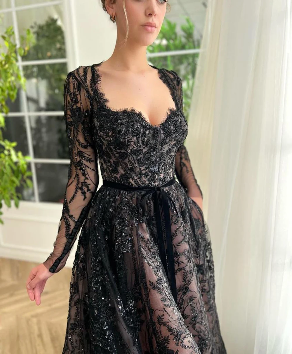 Vintage Black Evening Dresses Lace 2024 Prom Party Gowns Mid Calf Length Long Sleeves Wedding Guest Dress Sequined Sweetheart