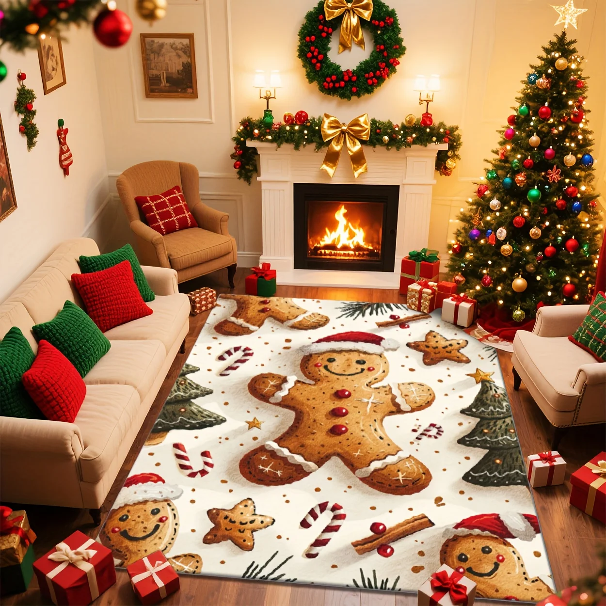1pc 2D Print Gingerbread Man Rectangle Area Rug, Lint Free Soft Polyester, Ideal Christmas Gift, Machine Washable, Perfect
