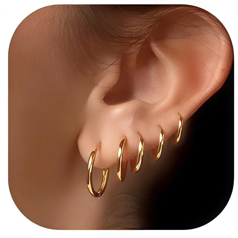 5 Pairs 14K Gold Plated Huggie Hoop Earrings for Women Men  Small Hoops,  Everyday Jewelry Multiple Piercing Stack Set