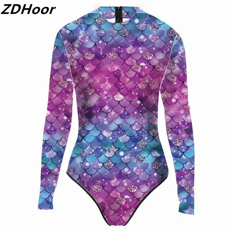 

Women Mermaid Swimsuit Fish Scale Print One-piece Bathing Suit Long Sleeve Pool Party Beachwear Surfing Diving Swimwear