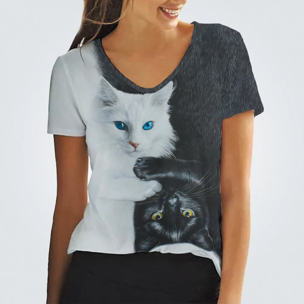 Animal 3D Print T-shirt For Women V-neck Short Sleeves Yin And Yang Polyester 2023 Summer Popular Light Clothing Cute Cat Tops