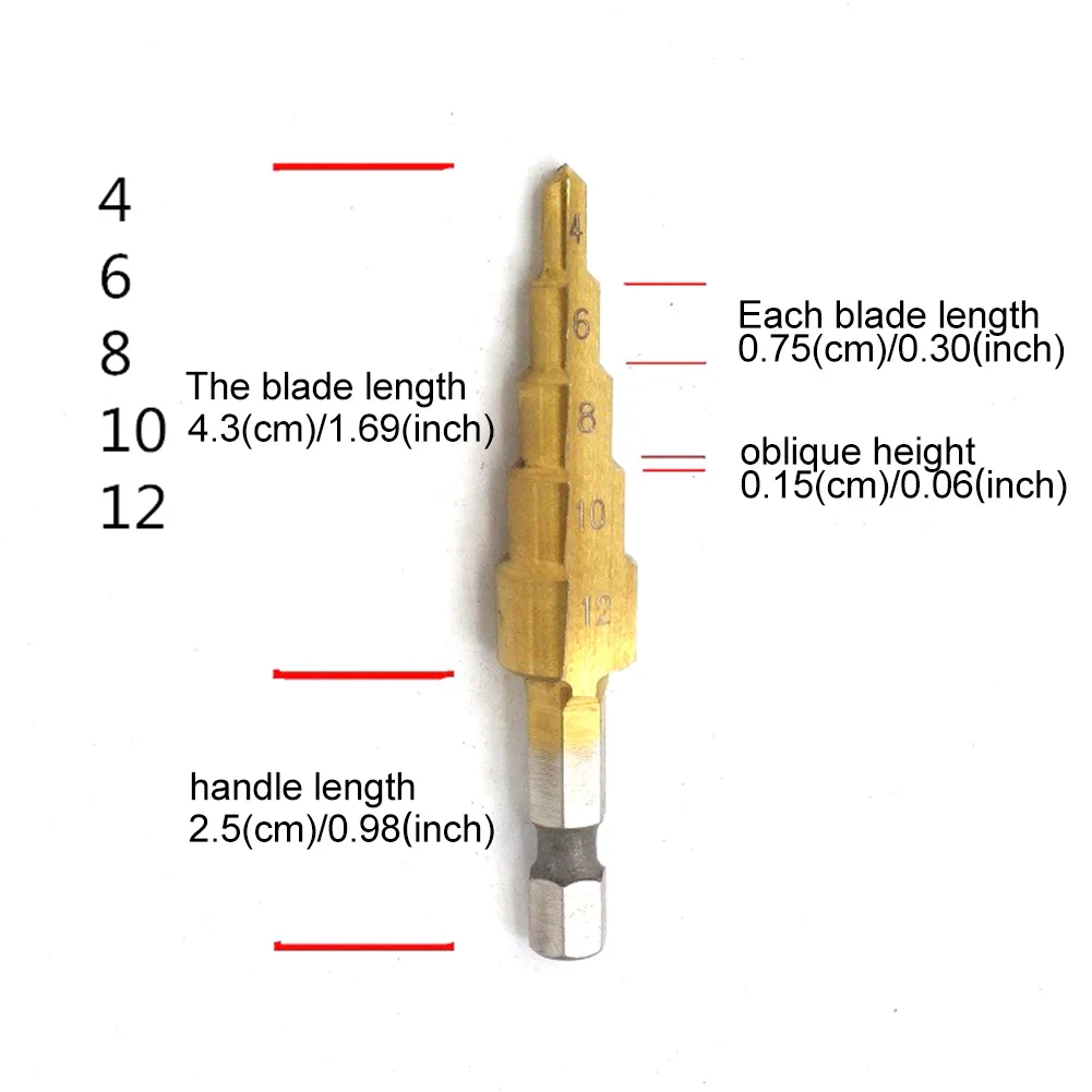 Broca de Passo Revestida de Titânio HSS, Ferramentas Elétricas de Perfuração, Metal, Alta Velocidade, Aço, Cortador de Madeira, Cone Drill, 4-12mm, 20mm, 32mm