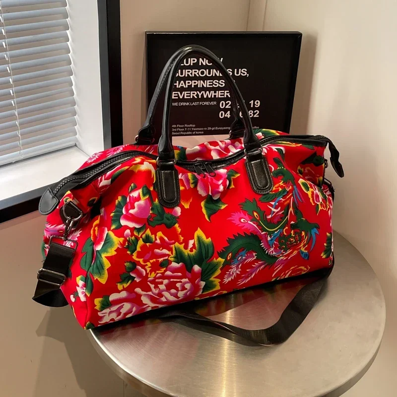 Chinese Northeast Style Flower Women's Handheld Travel Bag 2025 New Retro Trend Large Capacity Single Shoulder Travel Bag